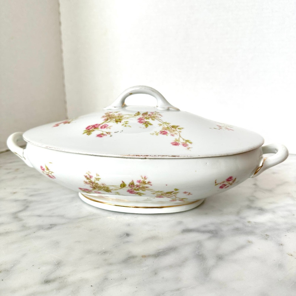 Antique Victoria Austria Serving Bowl 10" Oval Covered Fine China Floral